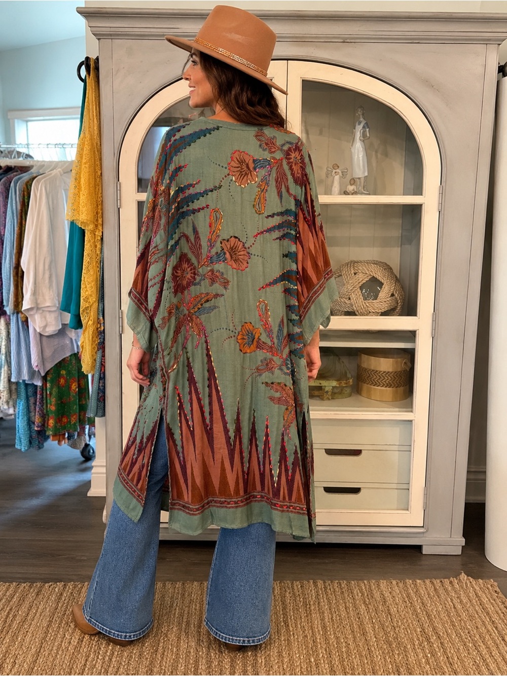 Raj Olive Green and Rust Boho Maxi Kimono - Picture 4 of 7